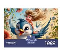 Puzzle 1000 Pièces Jeune Fille avec Oiseau Bleu dans Les Fleurs en Papier Recy ctivité Familiale, Décoration Murale - 52x38 cm