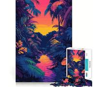 Puzzle 1000 pièces Jungle Tropicale Coucher de Soleil Rivière Rétro Bords Parfaits Jeu cognitif Jeu Lent Décoration Artistique de Noël (38x52cm)