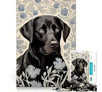 Puzzle 1000 pièces Labrador Noir à Motif Floral,décoration soignée,Casse-tête,Cadeau,Jeu de Paix,œuvre d'art de Noël (38x52cm)
