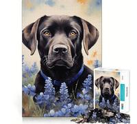 Puzzle 1000 pièces Labrador Noir dans Les bleuets,Bords sans Couture,Jeu de réflexion Amusant,Divertissement idéal pour se détendre,Cadeau Artistique de Noël (38x26cm)