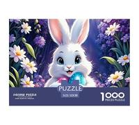 Puzzle 1000 pièces Lapin de Pâques Fleurs Stimulant - Lapin Blanc avec Œufs dans Fleurs, Jeu Familial 52x38cm