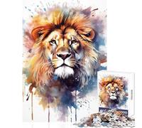 Puzzle 1000 pièces Lion Aquarelle Jeu éducatif pour Jouer en Famille avec Poster et fiche de Questions Assortis Dimensions 38x26cm