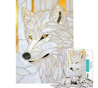 Puzzle 1000 pièces Loup Blanc Décor doré Casse-tête Jeu de réflexion Défi d'intelligence Jouet addictif Cadeau d'anniversaire Défi Difficile (Dimensions 75x50cm)