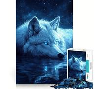 Puzzle 1000 pièces Loup Bleu sous Les étoiles,Bords Fins,Loisir créatif,Jeu d'adresse,Cadeau de décoration d'anniversaire (38x52cm)