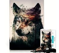Puzzle 1000 pièces Loup Double Exposition Adultes Jeu de mémoire Amusant Découpe Laser de qualité supérieure Exercice Mental Calme à la Maison (38x26cm)