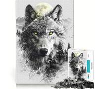Puzzle 1000 pièces Loup Double Exposition Lune pour Adultes,Jeu Stimulant l'esprit,découpe Laser pour Un Assemblage Parfait,activité Amusante en Famille Le Soir (50x75cm)