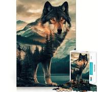 Puzzle 1000 pièces Loup et Montagne Double Exposition Adultes Jeu de réflexion et d'exercice Ajustement Parfait sans Espace Activité de Partage et de complicité pour Les Proches (38x26cm)