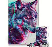 Puzzle 1000 pièces Loup Glitch Néon pour Adultes Casse-tête, Évasion Calme, Motif à Assembler, Cadeau de Père Noël (38x26cm)