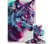 Puzzle 1000 pièces Loup Glitch Néon pour Adultes Casse-tête, Évasion Calme, Motif à Assembler, Cadeau de Père Noël (38x26cm)