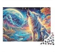 Puzzle 1000 Pièces Loup Hurlant pour Adultes Loup Lune Rivière Forêt Premium Haute Qualité Épais Robuste Difficile Anti-Stress Jeu Famille 52x38cm