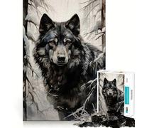 Puzzle 1000 pièces Loup Noir dans la Neige,Assemblage Parfait,Art,Jeu Intelligent,activité de détente,Jeu Amusant,Cadeau d'anniversaire (50x75cm)