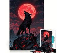 Puzzle 1000 pièces Loup Noir Hurlant à la Lune Rouge,Jeu sans Couture,Jeu de réflexion Amusant,Divertissement idéal pour se détendre,Cadeau Artistique de Noël (50x75cm)