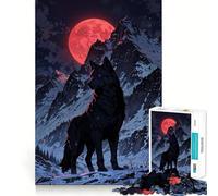 Puzzle 1000 pièces Loup Noir sous la Lune Rouge,Bords Fins,Jeu créatif,Loisir créatif,Cadeau de décoration d'anniversaire (38x52cm)