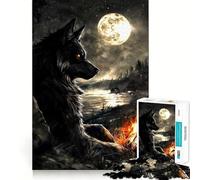 Puzzle 1000 pièces Loup Noir sous la Pleine Lune,Bords Fins,Loisir créatif,Jeu de détente,Cadeau de décoration d'anniversaire (50x75cm)