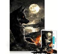 Puzzle 1000 pièces Loup Noir sous la Pleine Lune,découpe précise,activité ludique et Intelligente,Moment de détente,Cadeau de décoration d'anniversaire (38x52cm)