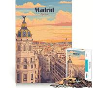 Puzzle 1000 pièces Madrid,Espagne Illustration de Paysage Urbain Assemblage Parfait Jeu créatif et Artistique Temps de détente et de Jeu Décoration de Noël (38x52cm)