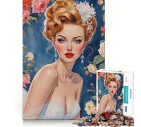 Puzzle 1000 pièces Mariée pin-up Blonde sur Fond Floral,Bords Fins,Loisir créatif,Jeu de détente,Cadeau de décoration d'anniversaire (50x75cm)