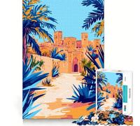 Puzzle 1000 pièces Maroc Désert Oasis Village Art Minimaliste Assemblage Parfait Jeu créatif et Stimulant Temps de détente Décoration de Noël (38x26cm)