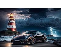 Puzzle 1000 Pieces Mer Phare Voiture De Sport éclair D'Orage 75 * 50Cm