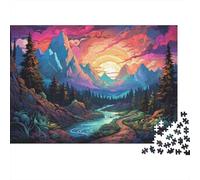 Puzzle 1000 pièces Montagnes au Coucher de Soleil Vibrant, Paysage de Rivière Bleu Canard, Carton Premium, pour Améliorer la Concentration, Entraînement Cognitif, 70x50cm