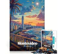 Puzzle 1000 pièces Montevideo Uruguay Paysage Urbain au Coucher du Soleil Assemblage Parfait Art Créatif Jeu de détente et de Jeu Décoration de Noël (38x52cm)