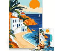 Puzzle 1000 pièces Navigation paisible sur la côte méditerranéenne Illustration Artistique Minimaliste de Voyage Découpe précise Jeu cognitif et Amusant Loisirs Scène de Noël (50x75cm)