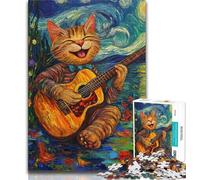 Puzzle 1000 pièces Night Sky, Chat Jouant de la Guitare, pour Adolescents et Adultes Jouet éducatif idéal comme Cadeau pour Toute la Famille 38x26cm