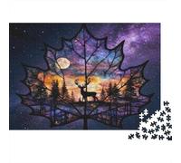 Puzzle 1000 pièces « Nuit de Feuilles d'érable » avec Silhouette de cerf et Coucher de Soleil, Jeu éducatif pour Adultes, décoration intérieure, défi, Cadeau d'anniversaire (70 x 50 cm).