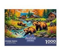 Puzzle 1000 pièces Ours Brun - Niveau Impossible - Défi extrême - Famille d'ours au ruisseau - Cabane Rustique - Automne - Papier recy coration Murale - 38 x 26 cm / 1000 pièces