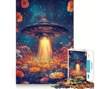 Puzzle 1000 pièces OVNI au-Dessus d'un Champ de Fleurs Bordure Parfaite Jeu cognitif Jeu de Relaxation Décoration Artistique de Noël (50x75cm)