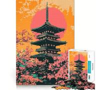 Puzzle 1000 pièces Pagode Japonaise au Coucher du Soleil Art Minimaliste Assemblage Parfait Jeu de réflexion et de détente Cadeau Artistique de Noël (38x52cm)