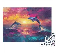 Puzzle 1000 Pièces Paire de Dauphins au Coucher de Soleil Scène Océan Précis Encadrable Détails Riches Carton Premium Épais pour Famille Cadeau Anniversaire 38x26cm