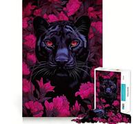 Puzzle 1000 pièces Panthère Noire Fleurs Roses Décoration soignée,Casse-tête,Cadeau,Jeu de Paix,Pièce d'art de Noël (38x26cm)