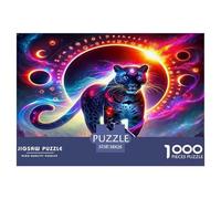 Puzzle 1000 pièces Panthère Noire - Jeu éducatif Difficile pour Adultes, panthère Noire, Cercle néon, Cosmique et coloré, Cadeau Anti-Stress pour la Maison 38x26cm