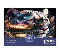 Puzzle 1000 pièces Panthère Noire - Léopard des neiges, Double Exposition, Mystique et Naturel, activité familiale Amusante et Difficile Anti-Stress 70x50cm