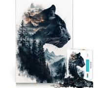 Puzzle 1000 pièces Panthère Noire Montagne Double Exposition Bords sans Couture,Jeu de réflexion Amusant,Temps de détente,Cadeau Artistique de Noël (38x26cm)