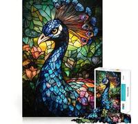 Puzzle 1000 pièces Paon en vitrail, Difficile, pour Adultes 38x26cm Un Cadeau Unique, Relaxant et aux Contours Nets