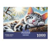 Puzzle 1000 Pièces Papier Recy haton Endormi - Chat Tigré Dodo sur Branche Fleurie, Cadeau Adulte Jeu Éducatif Défi Décoration Murale 70x50cm