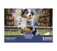 Puzzle 1000 Pièces Papier Recy hien Blanc Fluffy sur Fond Bleu, Jeu de Famille Ludique et Stimulant 38x26cm