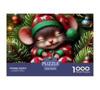 Puzzle 1000 Pièces Papier Recyclé Souris Noël Endormie Adulte - Souris Noël Dodo dans Sapin, Jeu Éducatif Anti-Stress Cadeau Ludique 70x50cm