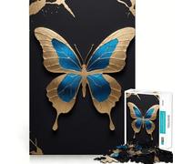 Puzzle 1000 pièces Papillon Bleu et Or sur Fond Noir,découpe précise,activité ludique et Intelligente,Moment de détente,Cadeau de décoration d'anniversaire (38x52cm)