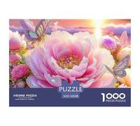 Puzzle 1000 pièces Papillon Fleur Couchant Stimulant - Rose Rose Coucher de Soleil Papillon pour Homme et Femme, Jeu Familial Amusant 52x38cm