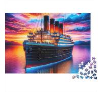 Puzzle 1000 pièces Paquebot Vintage Titanic Coucher Soleil, Carton épais, décompression, Difficile, déco Murale, 70x50cm