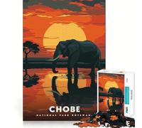 Puzzle 1000 pièces Parc national de Chobe Botswana Éléphant Coucher de soleil Jeu d'articulation fine et amusant,divertissement et résolution de problèmes Jeu calme Décoration de Noël Cadeau (38x52cm)