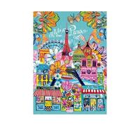 Puzzle 1000 Pieces Paris illustre par L'Artiste Car Pintos, 48x68cm - Symboles, Monuments, Souvenirs - Set Puzzle Adulte + Carte