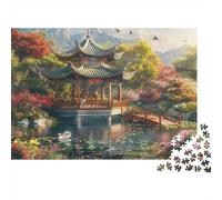 Puzzle 1000 pièces Pavillon Chinois, Pavillon & étang, Carton Haut de Gamme, Parents & Enfants, Réduction anxiété, 70x50cm