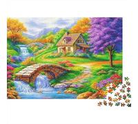 Puzzle 1000 pièces Paysage champêtre Maison de Campagne Maison colorée près d'un Pont Jeu éducatif pour Adultes Décoration élégante Cadeau d'anniversaire Stimulant et Difficile 70x50cm/1000 pièces