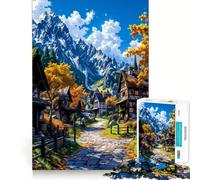 Puzzle 1000 pièces Paysage de Montagne et Village d'automne Décoration Murale élégante Jeu de réflexion et de détente Décoration Murale de Noël (38x26cm)