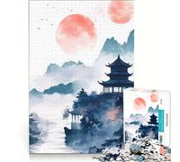 Puzzle 1000 pièces Paysage de pagodes Chinoises, Jouet à Monter soi-même, activité familiale, avec pièces de Formes aléatoires Parfaitement emboîtables 38x26cm