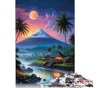 Puzzle 1000 pièces Paysage d'île Tropicale avec Montagnes et Lune Puzzles en Bois pour Adolescents Cadeaux Puzzles pour Adultes 1000 pièces (75 x 50 cm)